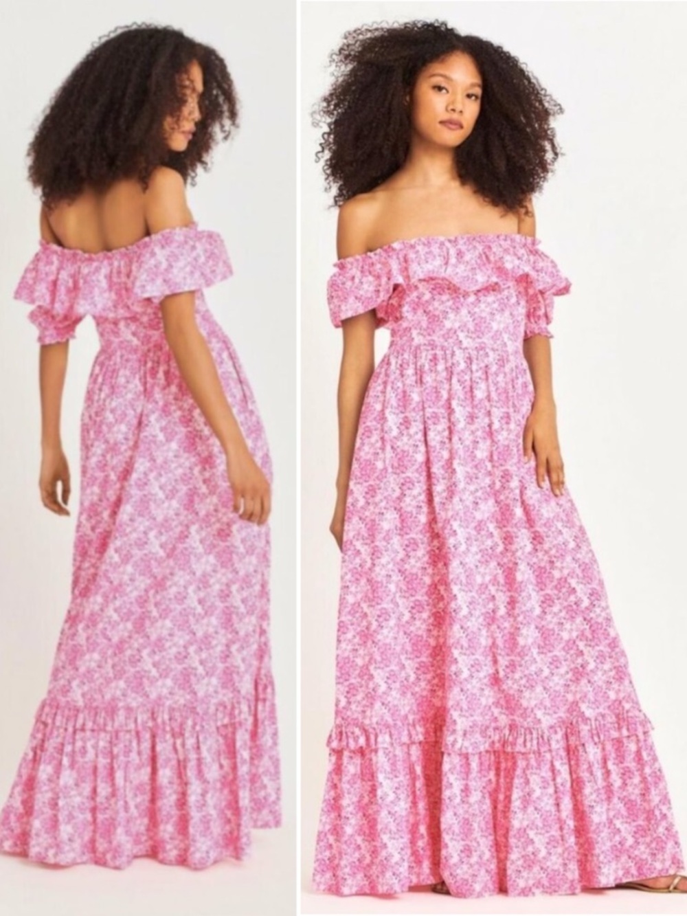 LoveShackFancy Tara Off‎ Shoulder Ruffle Floral Maxi Dress Pink White Size 0